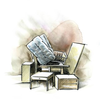Watercolor and crayon illustration showing some bulky waste with furniture and mattress
