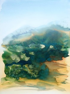 Watercolor painting showing a landscape in Tuscany at summer time