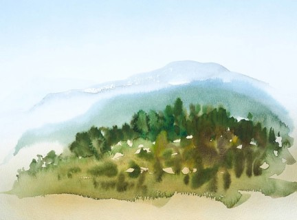 Watercolor painting showing a landscape in Tuscany at summer time