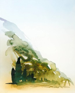 Watercolor painting showing a landscape in Tuscany at summer time