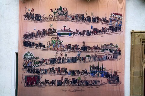 Historical depiction of folk festival parade, at the town hall, Bad Cannstatt, Stuttgart,