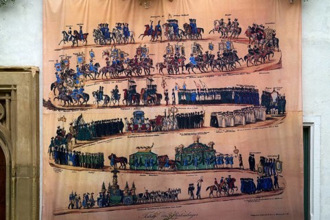 Historical depiction of folk festival parade, at the town hall, Bad Cannstatt, Stuttgart,