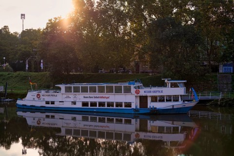 Passenger ship Neckar-Perle anchored after an accident, Neckar Bad Cannstatt, Stuttgart,