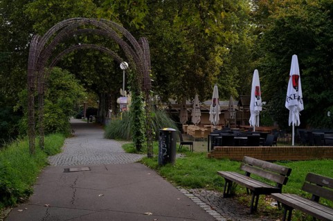 Beer garden on the Neckar, Neckar beer garden, empty, closed, Dinkelacker logo, Bad Cannstatt,