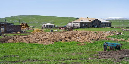 A farm with old buildings and agricultural machinery on a green pasture, cow dung in front of it,