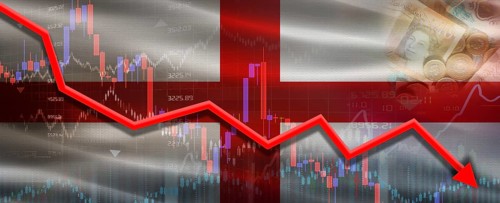 England financial crisis on economic graph. Financial fall of England on economy market