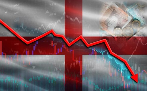 England financial fall on economy market. England financial crisis on economic graph