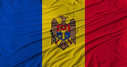 Moldovan flag waving. Flag of Moldova with cloth texture