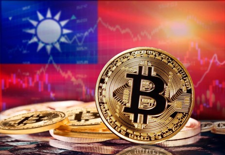 Bitcoin with Taiwan flag in the background. Investors in cryptocurrency and Blockchain Technology