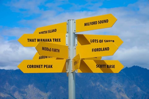 Yellow signpost with several signs and a mountain ridge in the background against a blue sky,