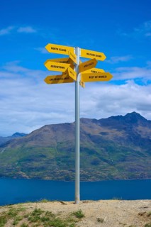 A signpost on a hill shows yellow signs in different directions, Queenstown, Queenstown-Lakes
