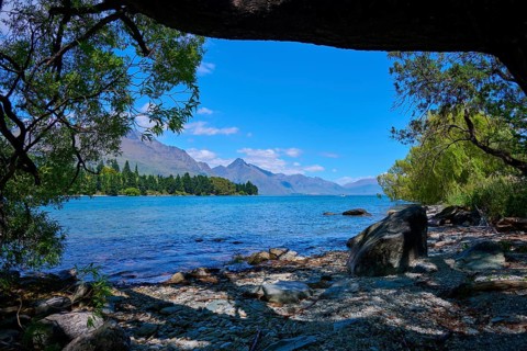 Shore view with trees, lake and mountain panorama in the background, Queenstown, Queenstown-Lakes