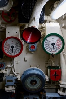 Various machine instruments in a ship with a red and green border, submarine, Technical Museum U