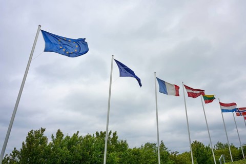 Various national flags in the wind under a cloudy sky, Naval Memorial, Laboe, Kiel Fjord,