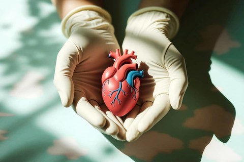 Hands in medical gloves holding anatomical heart model. Generative ai, AI generated