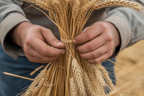 Man's hands tying wheat grain during harvest season. Generative ai, AI generated