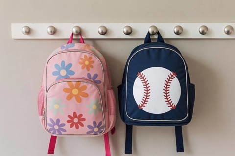 Gender-coded children's backpacks highlighting stereotypical color norms. Generative ai, AI