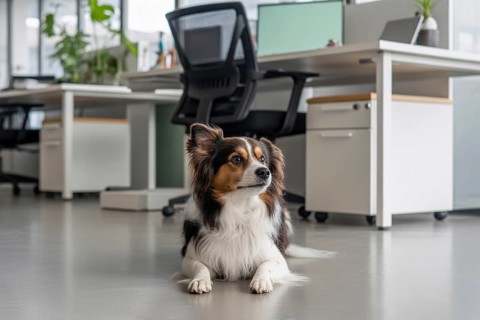 Well-behaved medium dog resting in office setting with calm work atmosphere. Generative AI, AI
