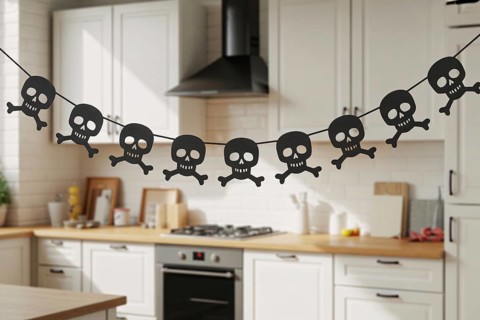 Black skull and crossbones Halloween garland hanging in cozy kitchen interior. Generative AI, AI