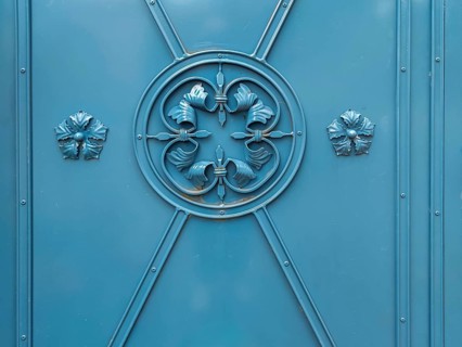 Decorations on a blue metal gate, iron gate, Southern Palatinate, Palatinate, Rhineland-Palatinate,