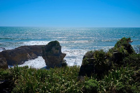 Coastline with lush vegetation and rocks at the edge of the sea, Pancake Rocks, Westport,