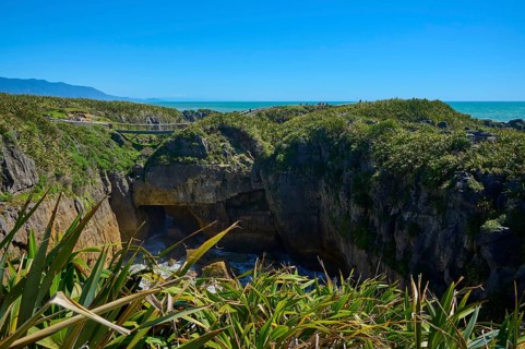 Path with bridge along the coast over green cliffs with sea view, Pancake Rocks, Westport,