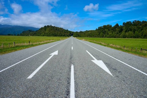 Straight country road with arrows, flanked by green fields and forest, West Coast, South Island,