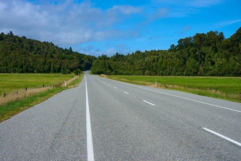 Empty road through rural fields and forests under a clear sky, West Coast, South Island, New