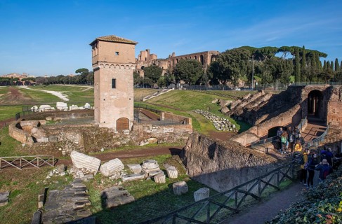 Left Torre della Moletta, part of medieval building ruins from the Middle Ages in the