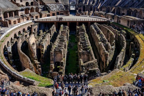 View of uncovered hypogeum substructure of Arena of Colosseum from the time of Emperor Domitian, at