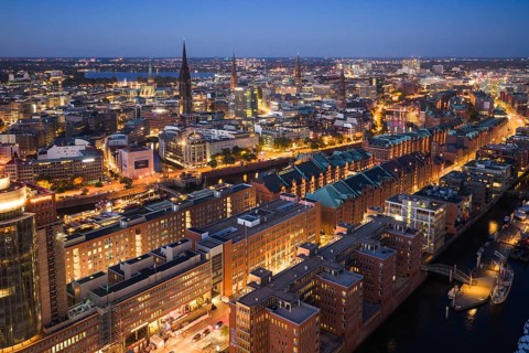 Aerial view of the historic warehouse district at the blue hour, Hamburg, Germany