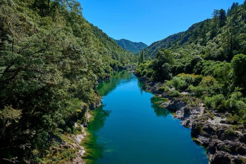 Clear river between wooded hills, tranquil mountain landscape, Buller River, Murchison, Tasman,