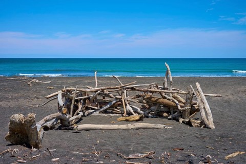 Driftwood beach hut by the ocean, Mana Bay, Patea, Taranaki, North Island, New Zealand