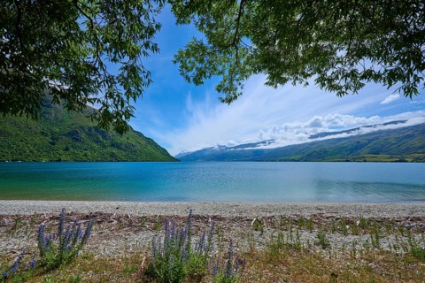 Idyllic seascape with mountains and cloudy sky, Kingston, Queenstown-Lakes District, Otago, South