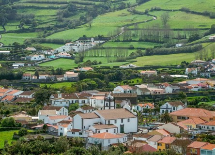 High angle settlement scenery at Sao Miguel Island, the biggest island of the Azores Archipelago, a