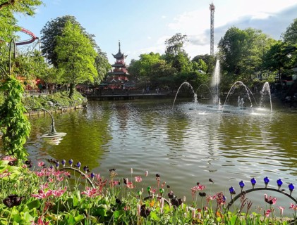 Idyllic scenery around Tivoli Gardens in Copenhagen, the capital city of Denmark