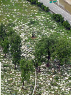 High angle view of the Jalan Ampang Muslim Cemetery in Kuala Lumpur, Malaysia