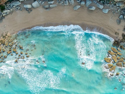 The Roche coves at he Mediterranean Sea. Aerial view. Drone shot. Cádiz province, Andalusia, Spain