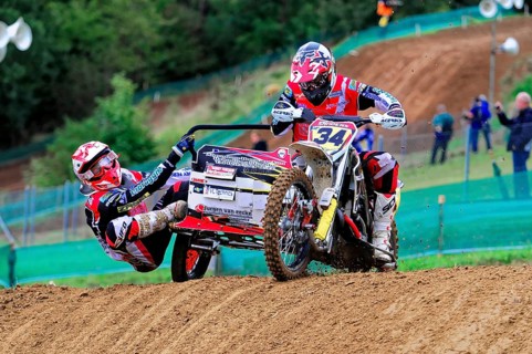 Motocross, Rudersberg, Baden-Württemberg, Germany, Europe, Double team on a motorbike rides over a
