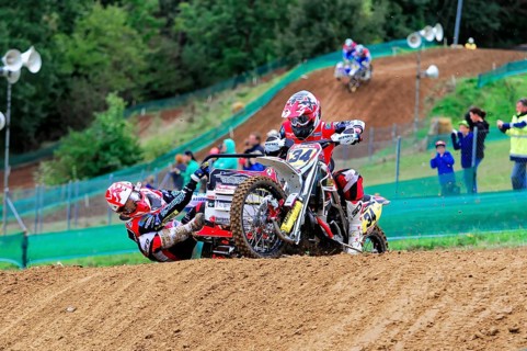 Motocross, Rudersberg, Baden-Württemberg, Germany, Europe, A motorbike rider with passenger rides