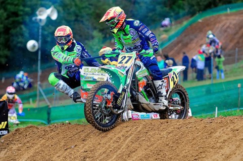 Motocross, Rudersberg, Baden-Württemberg, Germany, Europe, Two riders on a motorbike master a bend