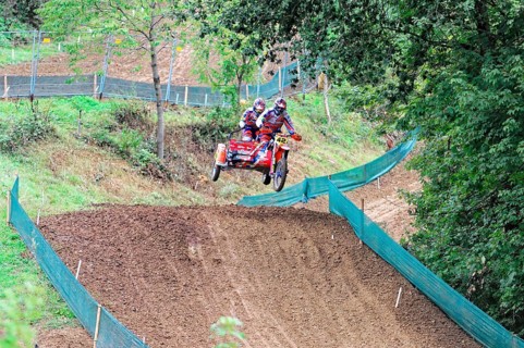 Motocross, Rudersberg, Baden-Württemberg, Germany, Europe, Two riders on a motorbike jump over a