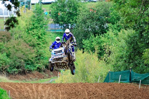 Motocross, Rudersberg, Baden-Württemberg, Germany, Europe, Two riders jump through the air over a