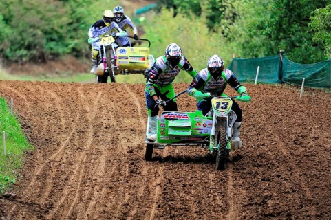 Motocross, Rudersberg, Baden-Württemberg, Germany, Europe, Rider team in a fast sidecar race on a