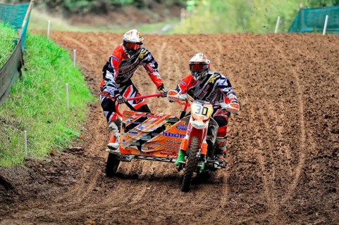 Motocross, Rudersberg, Baden-Württemberg, Germany, Europe, Sidecar motorbike riders ride through a