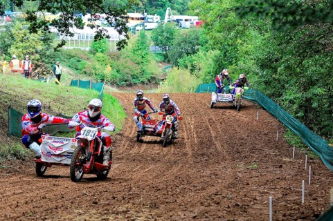 Motocross, Rudersberg, Baden-Württemberg, Germany, Europe, Several sidecar motorbikes in a race on