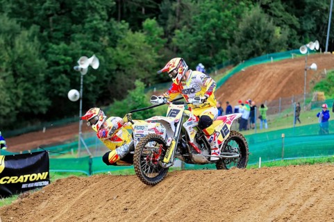 Motocross, Rudersberg, Baden-Württemberg, Germany, Europe, Motorbike with two riders in full speed