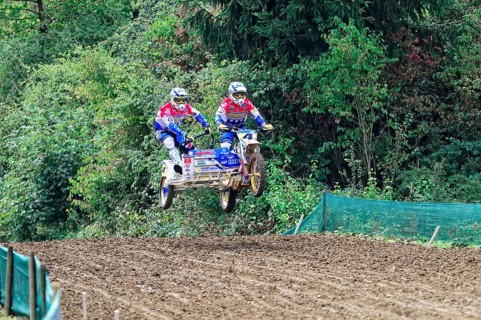 Motocross, Rudersberg, Baden-Württemberg, Germany, Europe, Two riders with sidecars jump over a