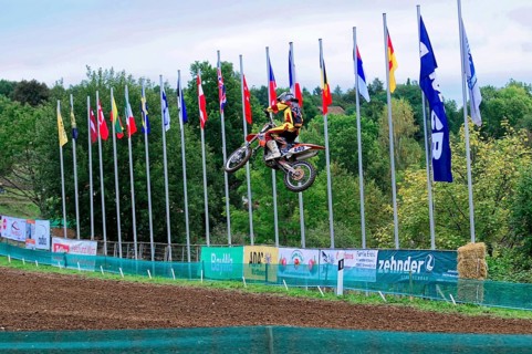 Motocross, Rudersberg, Baden-Württemberg, Germany, Europe, A motorcyclist jumps into the air while