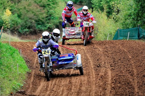 Motocross, Rudersberg, Baden-Württemberg, Germany, Europe, Two sidecar motorbikes ride close